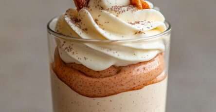 Mini glass verrines layered with creamy speculoos mousse and vanilla whipped cream, decorated with speculoos biscuit pieces and dusted with cocoa powder.