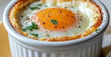 A single baked egg served in a small ramekin with cream, herbs and a perfectly runny yolk. Œuf Cocotte