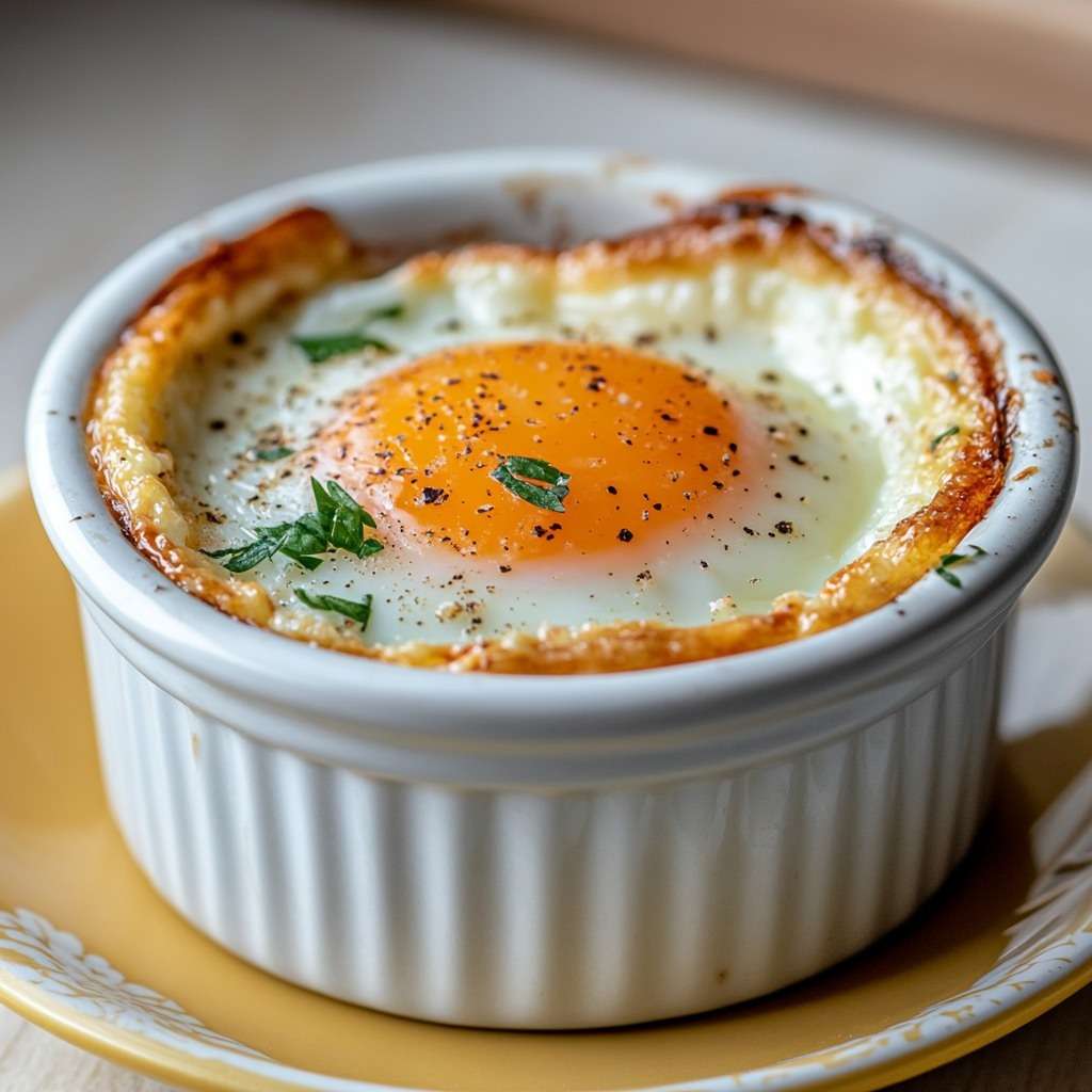 A single baked egg served in a small ramekin with cream, herbs and a perfectly runny yolk. Œuf Cocotte