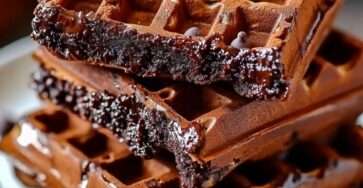 Close-up of rich chocolate brownie waffles stacked on a plate and topped with chocolate chips and powdered sugar.