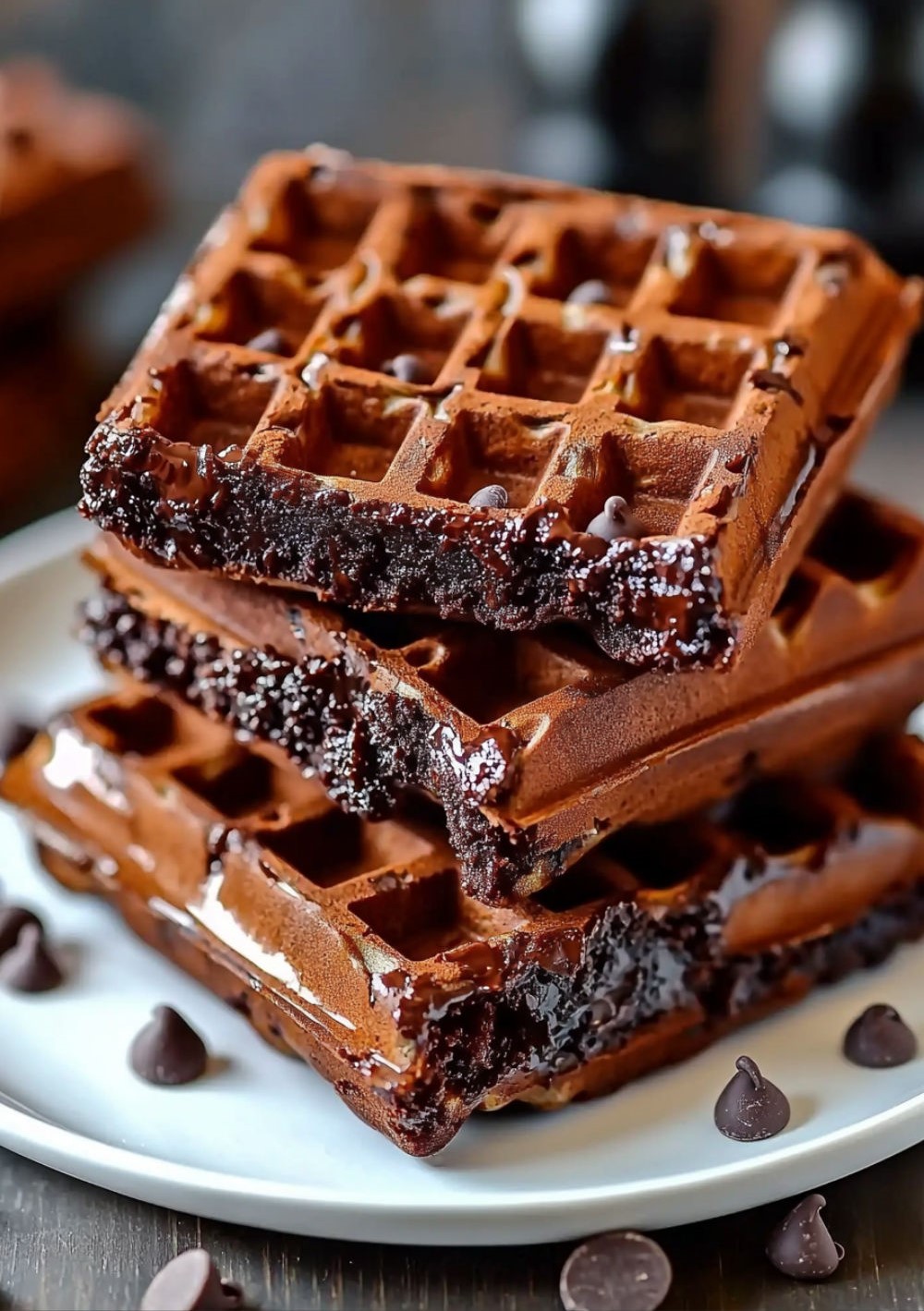 Close-up of rich chocolate brownie waffles stacked on a plate and topped with chocolate chips and powdered sugar.