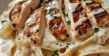 Creamy fettuccine Alfredo pasta topped with sliced grilled chicken breast and garnished with fresh parsley and Parmesan cheese.