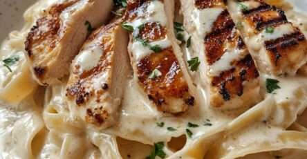 Creamy fettuccine Alfredo pasta topped with sliced grilled chicken breast and garnished with fresh parsley and Parmesan cheese.