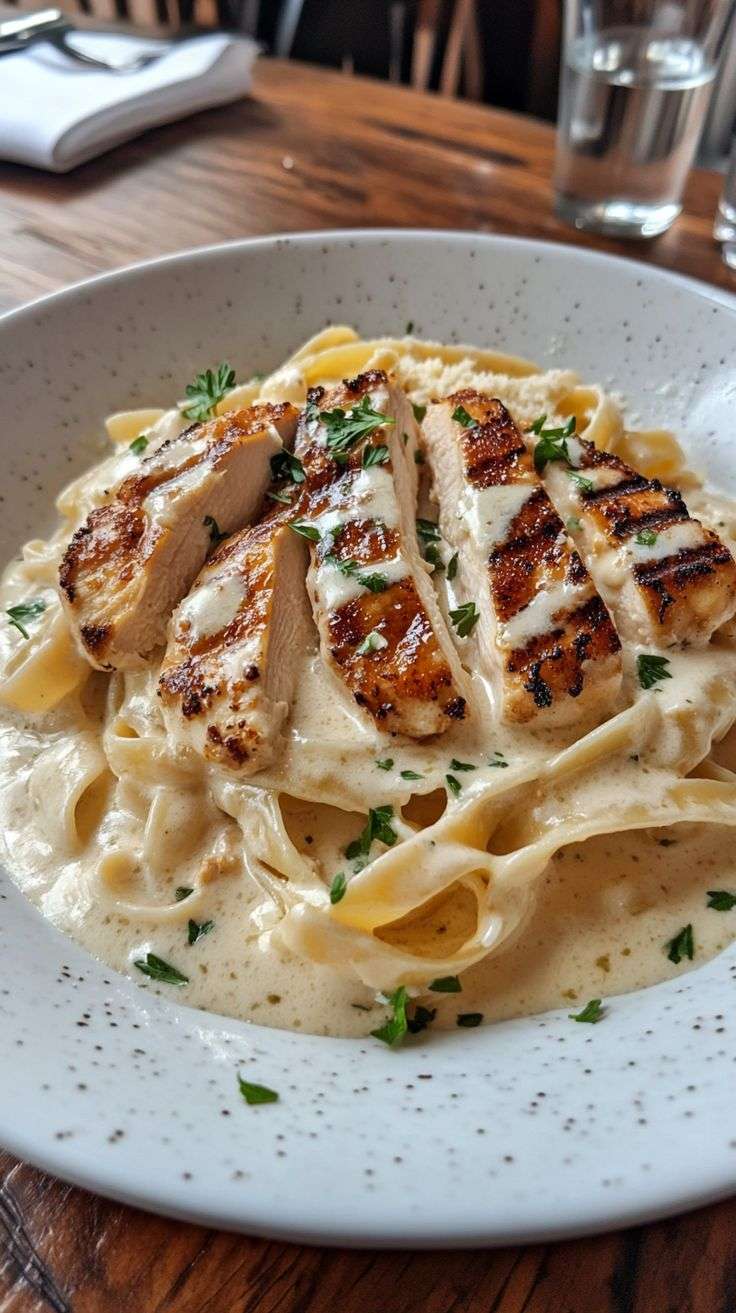 Creamy fettuccine Alfredo pasta topped with sliced grilled chicken breast and garnished with fresh parsley and Parmesan cheese.