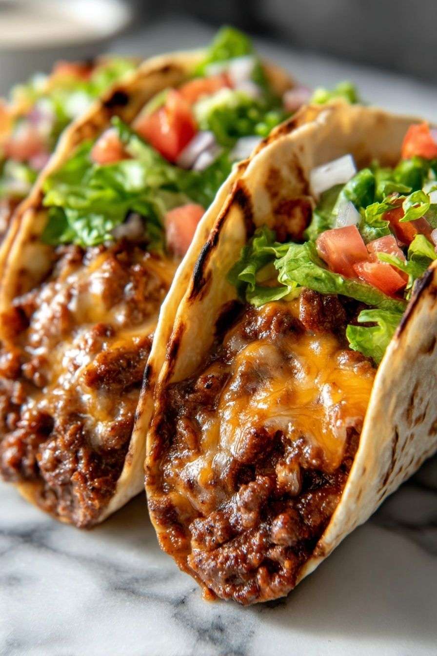 Soft flour tacos filled with seasoned classic ground beef, shredded lettuce, cheese and tomatoes, served with lime wedges and salsa.
