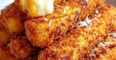 Golden homemade mozzarella sticks with a crispy breadcrumb coating, served hot with marinara sauce for dipping.