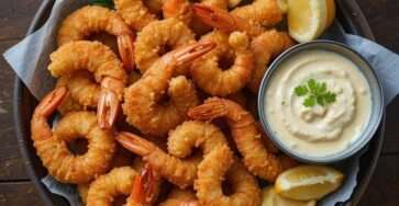 Golden crispy fried shrimp served with homemade tartar sauce and lemon wedges on a white plate with crunchy breadcrumb coating.