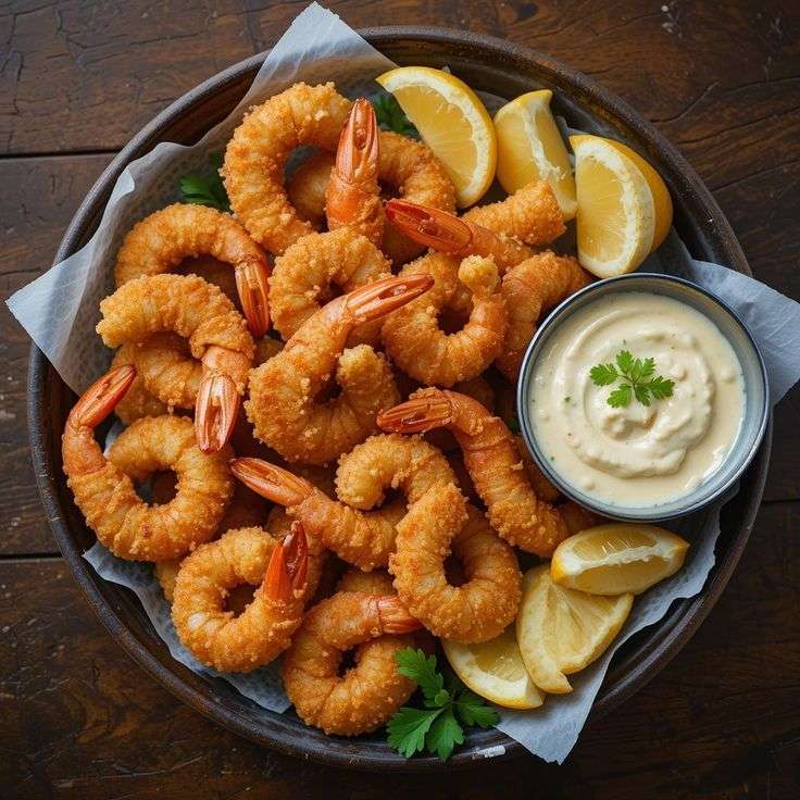 Golden crispy fried shrimp served with homemade tartar sauce and lemon wedges on a white plate with crunchy breadcrumb coating.