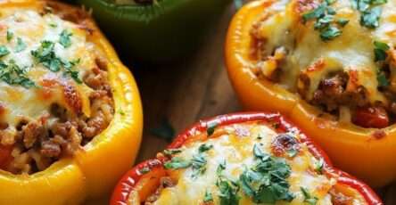 Stuffed bell peppers filled with ground beef and rice mixture topped with melted cheese and parsley garnish in a baking dish.