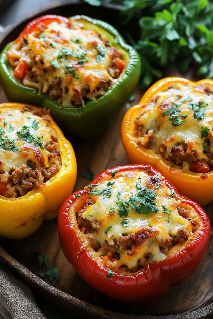 Stuffed bell peppers filled with ground beef and rice mixture topped with melted cheese and parsley garnish in a baking dish.