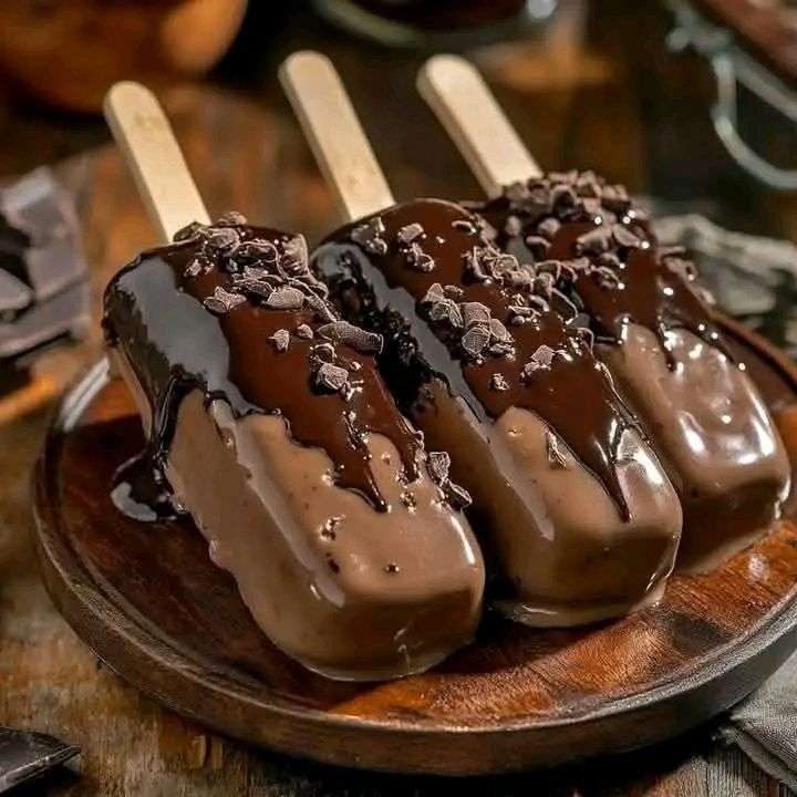 homemade chocolate covered ice cream bars with glossy chocolate shell and chocolate shavings on top placed on parchment paper with wooden sticks visible.
