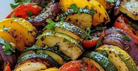 Mediterranean roasted vegetables with zucchini, yellow squash, red onion and tomatoes, lightly caramelized and garnished with fresh herbs.