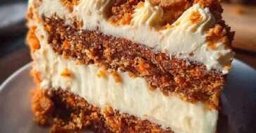 Classic carrot cake layered with cream cheese frosting and coated with chopped nut crumble on sides and top, served on cake stand.