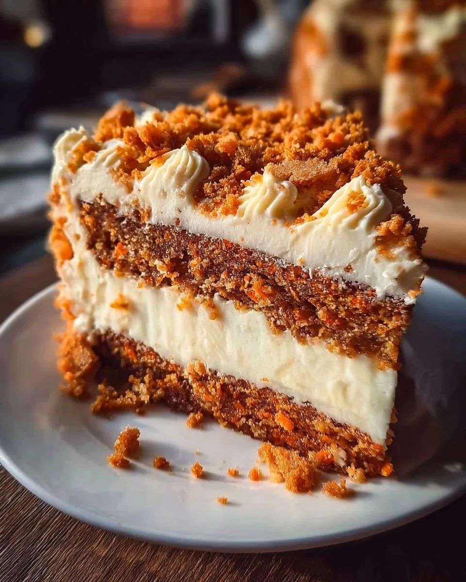 Classic carrot cake layered with cream cheese frosting and coated with chopped nut crumble on sides and top, served on cake stand.