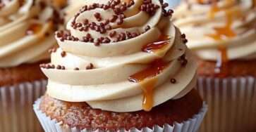 Pumpkin caramel latte cupcakes topped with cinnamon buttercream frosting and salted caramel drizzle decorated with chocolate pearls on white cupcake liners.