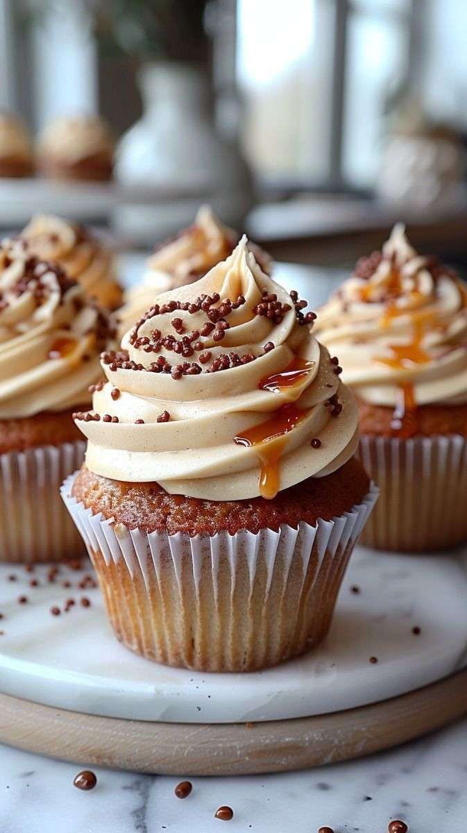 Pumpkin caramel latte cupcakes topped with cinnamon buttercream frosting and salted caramel drizzle decorated with chocolate pearls on white cupcake liners.
