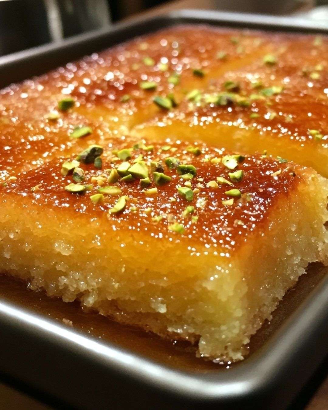 Golden Middle Eastern basbousa cake topped with pistachios and almonds, soaked in syrup and sliced into diamond shapes on a serving tray.
