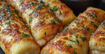 Golden cheesy garlic butter roll-ups made with crescent dough, brushed with garlic butter and topped with parsley, served with marinara sauce.