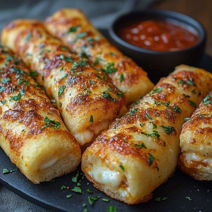 Golden cheesy garlic butter roll-ups made with crescent dough, brushed with garlic butter and topped with parsley, served with marinara sauce.