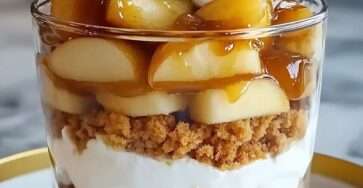 Glass dessert layered with mascarpone cream, caramelized apples, salted caramel sauce and cocoa powder, styled as Salted Caramel and Apple tiramisu