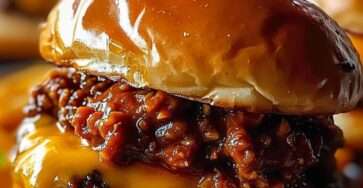 Cheesy sloppy joe sandwich filled with saucy ground beef and melted cheddar cheese on toasted hamburger bun served with french fries.