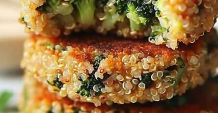Golden crispy and cheesy broccoli and quinoa patties made with cheese and breadcrumbs, served warm on a plate with dipping sauce.