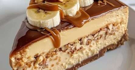 Slice of banana caramel peanut butter cheesecake topped with fresh banana slices, chopped peanuts and caramel drizzle on a white dessert plate.