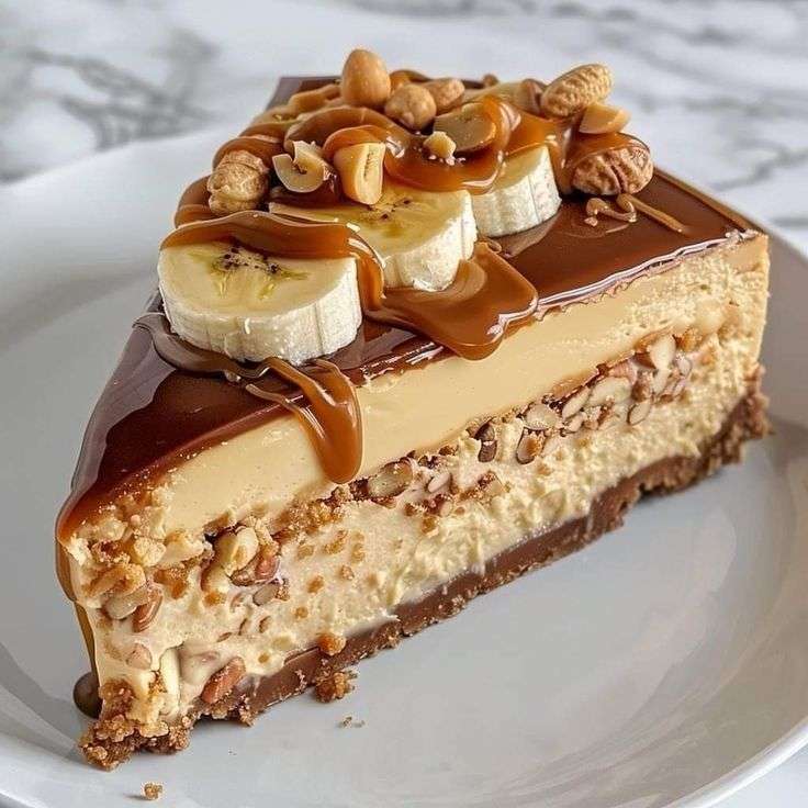 Slice of banana caramel peanut butter cheesecake topped with fresh banana slices, chopped peanuts and caramel drizzle on a white dessert plate.