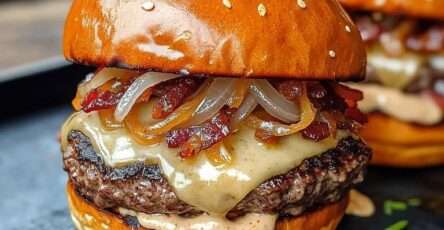 Gourmet French onion soup burger with caramelized onions, melted Gruyère cheese, crispy bacon and toasted brioche bun on wooden board.