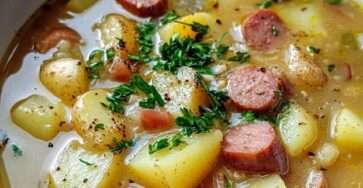 Classic kielbasa potato soup with sliced smoked sausage, tender potato chunks, carrots and parsley garnish served in a rustic soup bowl.