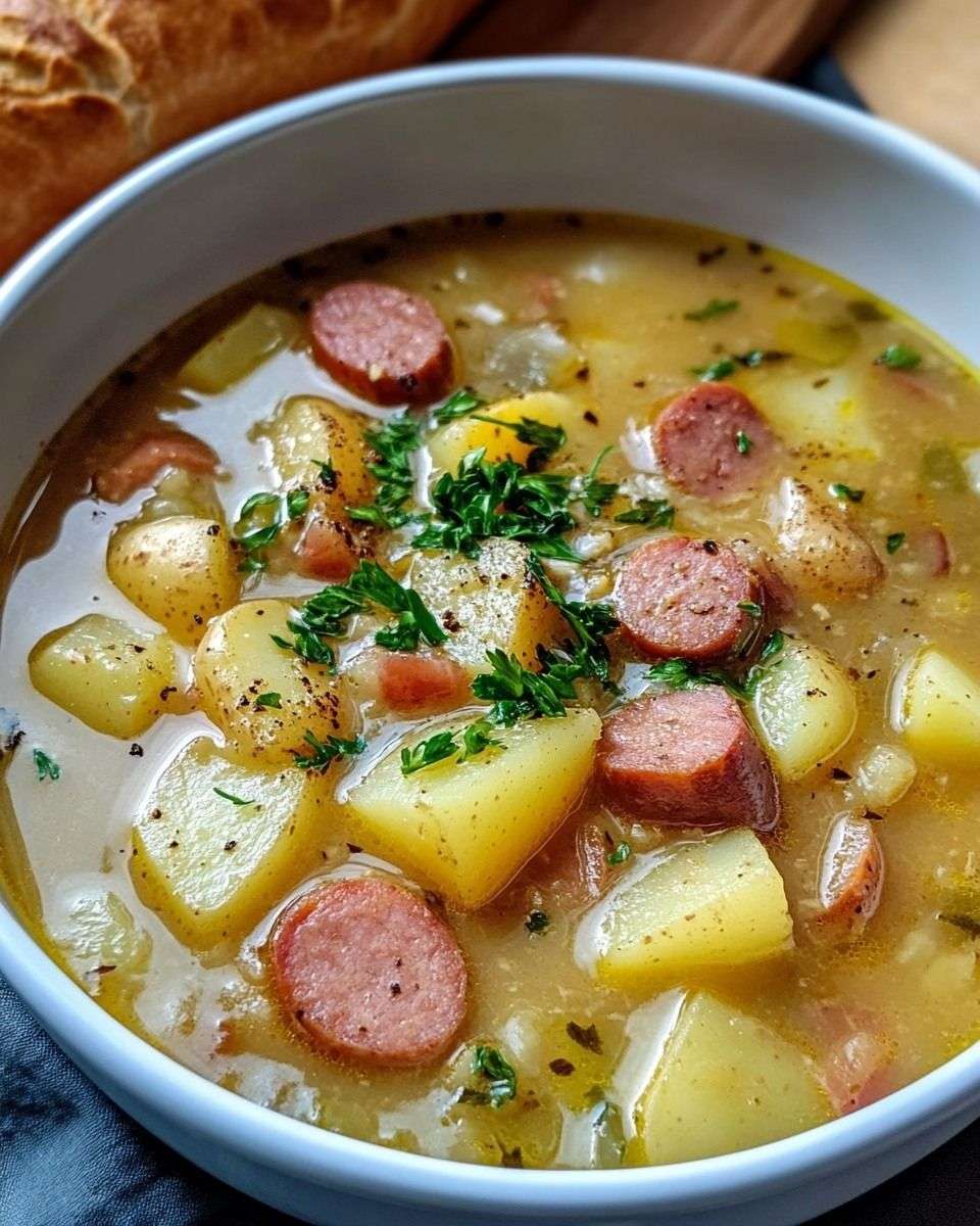 Classic kielbasa potato soup with sliced smoked sausage, tender potato chunks, carrots and parsley garnish served in a rustic soup bowl.