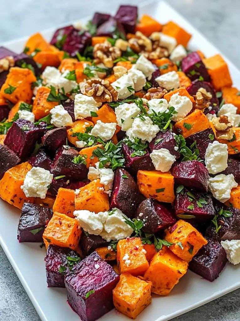 Roasted beet and sweet potato salad with feta cheese, walnuts and fresh parsley, tossed in a lemon vinaigrette and served in a bowl.