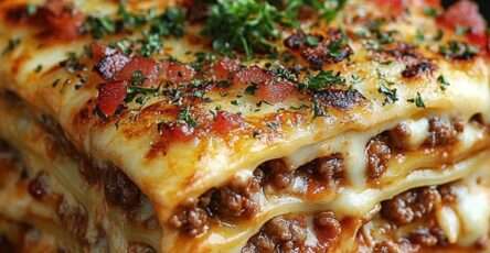 Classic beef lasagna with layered pasta sheets, rich tomato meat sauce, creamy ricotta filling and melted mozzarella cheese topping served in baking dish.