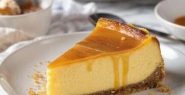 Classic baked caramel cheesecake with graham cracker crust topped with glossy salted caramel sauce and smooth creamy cheesecake filling.