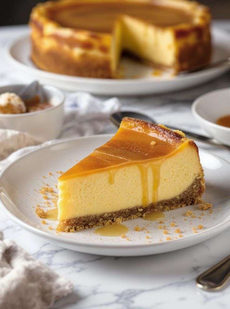 Classic baked caramel cheesecake with graham cracker crust topped with glossy salted caramel sauce and smooth creamy cheesecake filling.