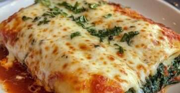 Baked spinach and cheese manicotti shells filled with ricotta and spinach, covered in tomato sauce and melted mozzarella and parmesan cheese.
