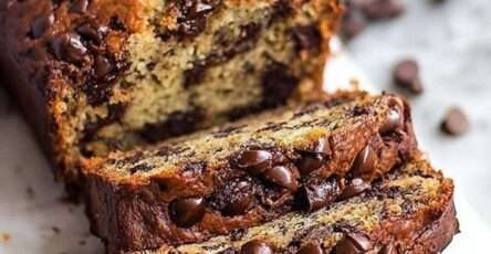 Moist Classic chocolate chip banana bread loaf sliced on a cutting board, showing a soft crumb with melted chocolate chips and ripe banana texture.