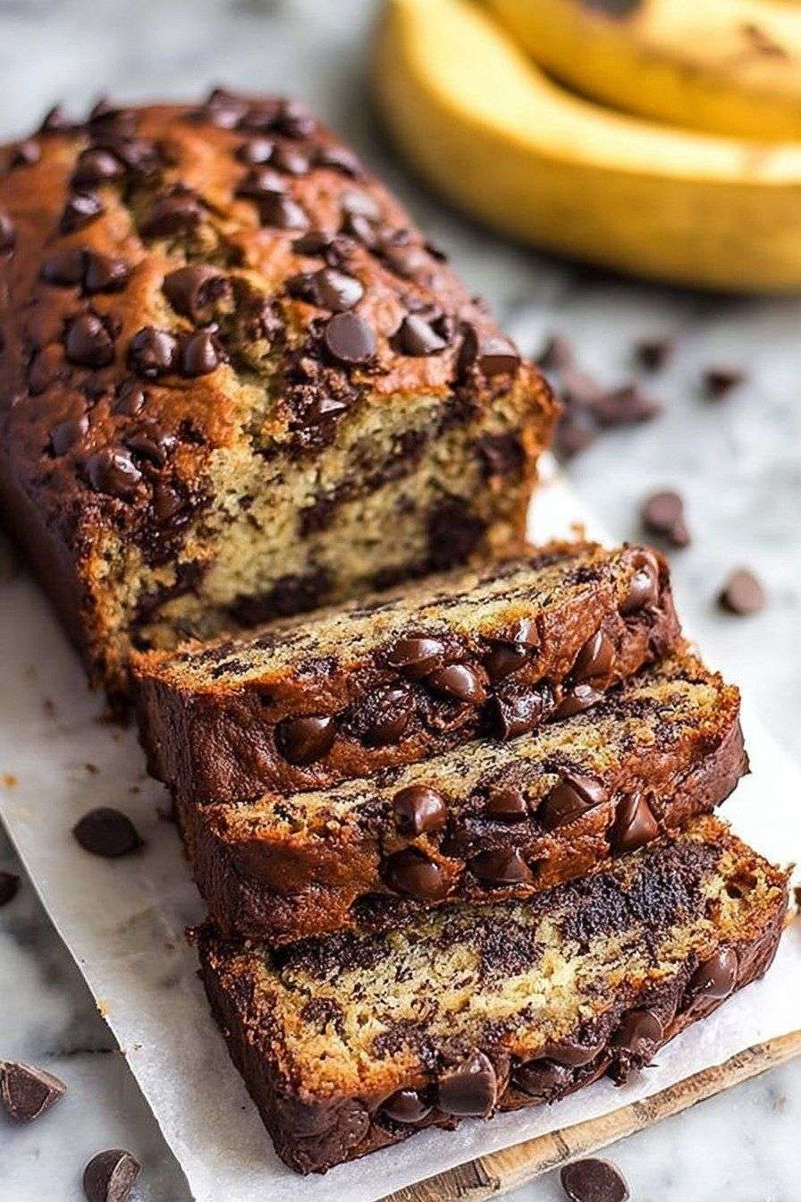 Moist Classic chocolate chip banana bread loaf sliced on a cutting board, showing a soft crumb with melted chocolate chips and ripe banana texture.