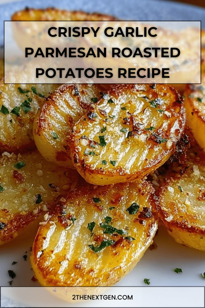 Golden crispy garlic roasted baby potatoes coated with garlic, olive oil and parmesan cheese, served hot on a baking sheet with fresh parsley garnish.