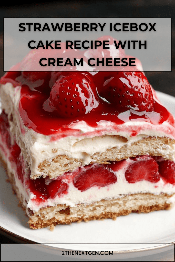 A chilled strawberry icebox cake layered with graham crackers, cream cheese whipped cream and fresh sliced strawberries in a glass baking dish.