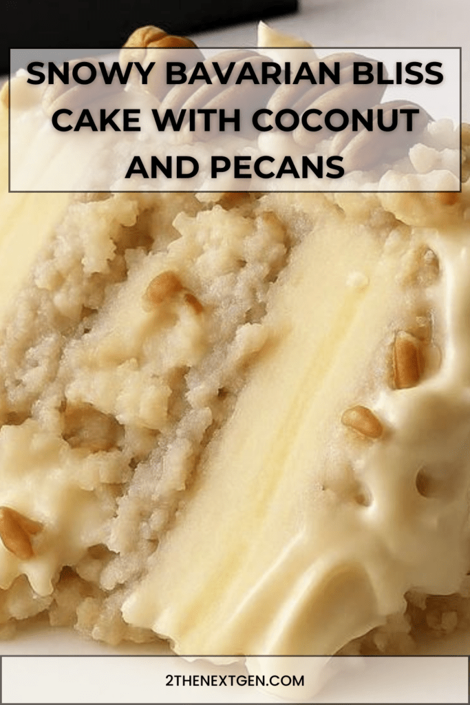 A chilled Snowy Bavarian Bliss Cake topped with creamy custard, shredded coconut and chopped pecans, served in a rectangular baking dish.