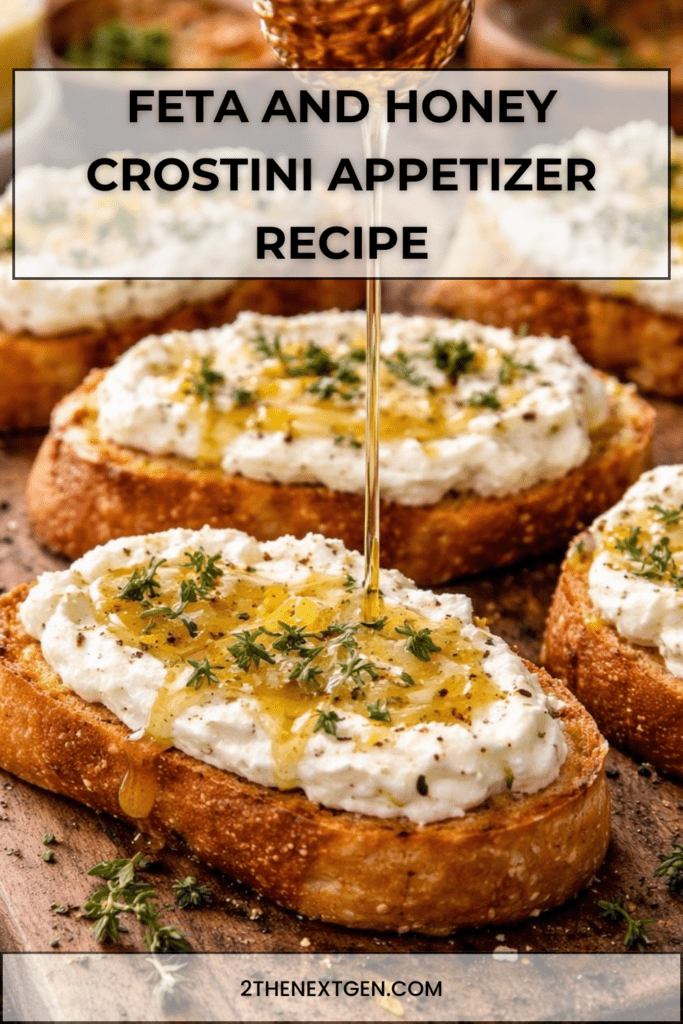 Golden toasted baguette slices topped with whipped feta cheese, drizzled with honey and garnished with fresh thyme leaves on a serving platter. feta and honey crostini