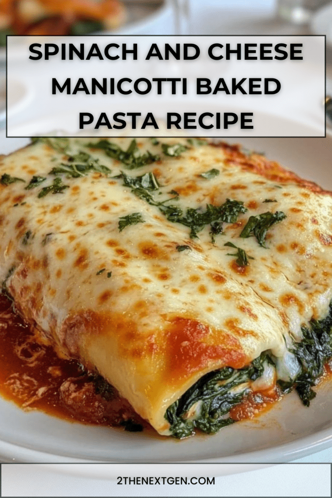 Baked spinach and cheese manicotti shells filled with ricotta and spinach, covered in tomato sauce and melted mozzarella and parmesan cheese.