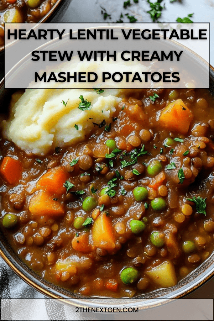hearty lentil and vegetable stew with carrots and celery served over creamy mashed potatoes, garnished with fresh parsley.