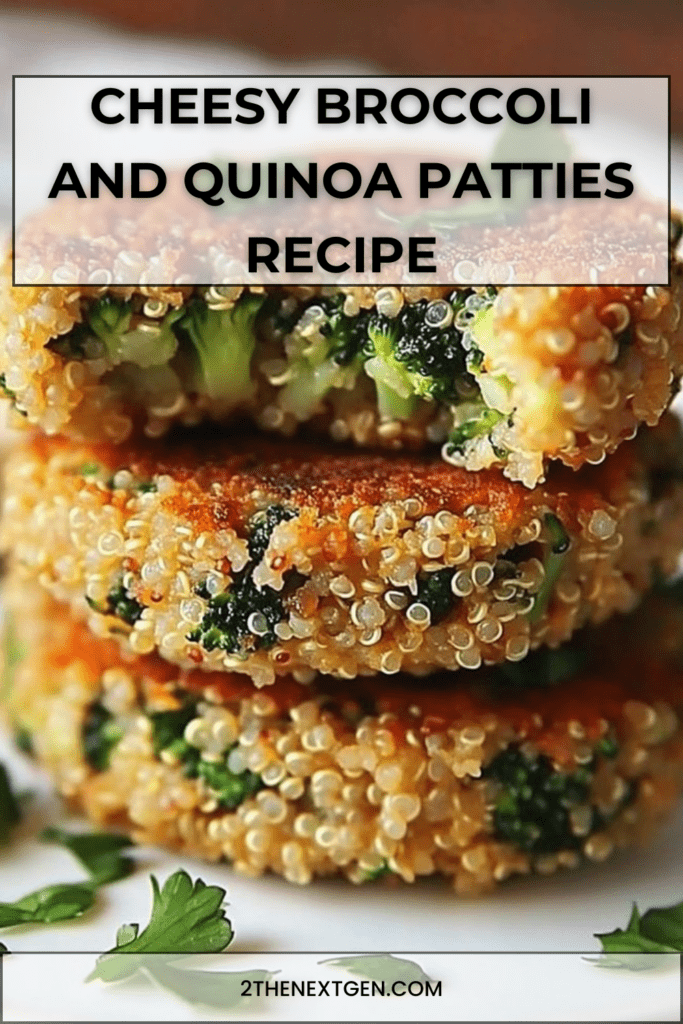 Golden crispy and cheesy broccoli and quinoa patties made with cheese and breadcrumbs, served warm on a plate with dipping sauce.