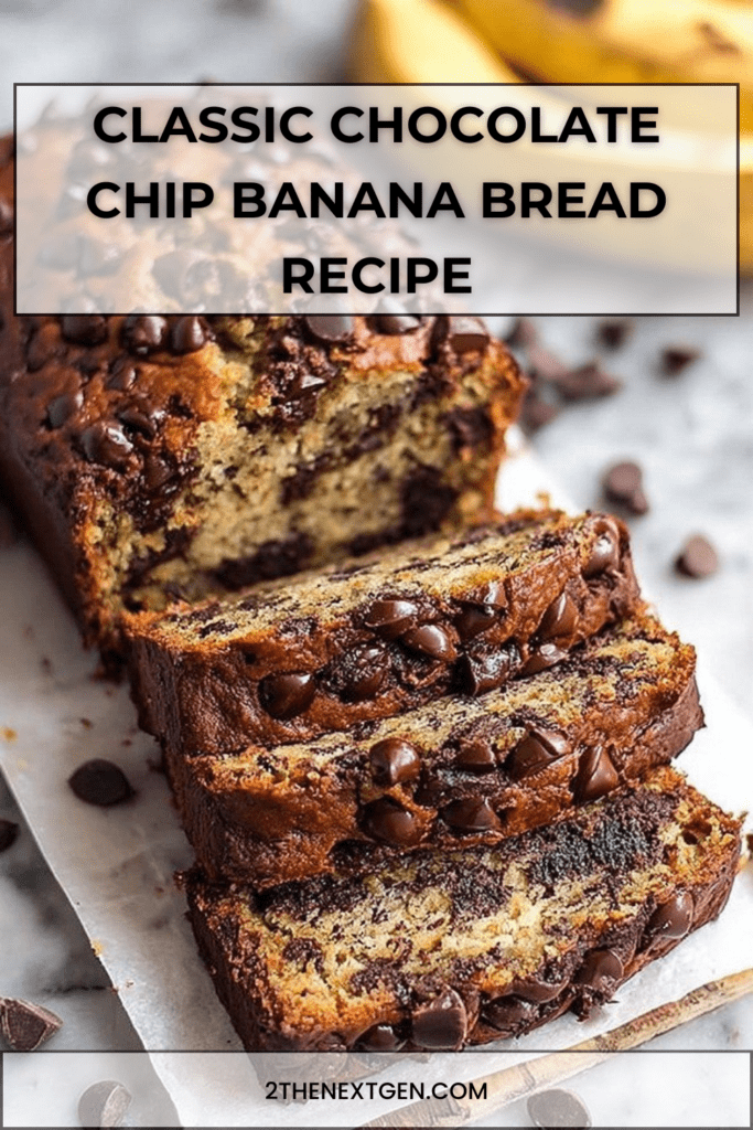 Moist Classic chocolate chip banana bread loaf sliced on a cutting board, showing a soft crumb with melted chocolate chips and ripe banana texture.