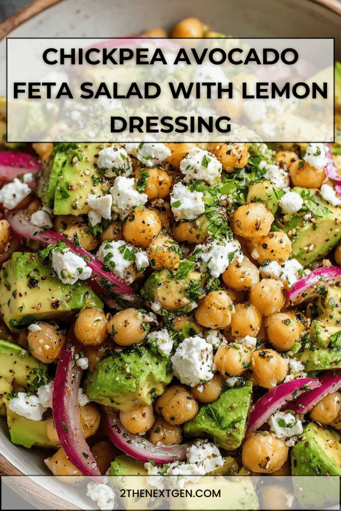A fresh chickpea avocado feta salad with red onion, parsley and mint tossed in a lemon olive oil dressing and served in a bowl.