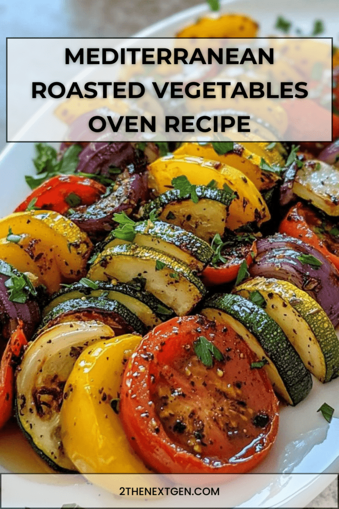 Mediterranean roasted vegetables with zucchini, yellow squash, red onion and tomatoes, lightly caramelized and garnished with fresh herbs.