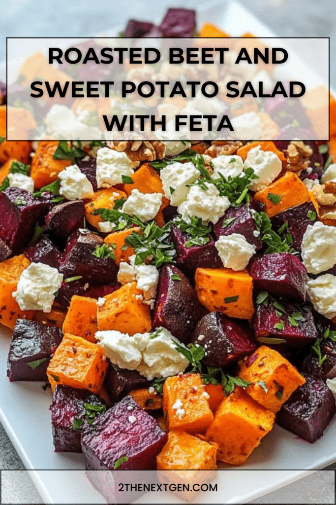 Roasted beet and sweet potato salad with feta cheese, walnuts and fresh parsley, tossed in a lemon vinaigrette and served in a bowl.