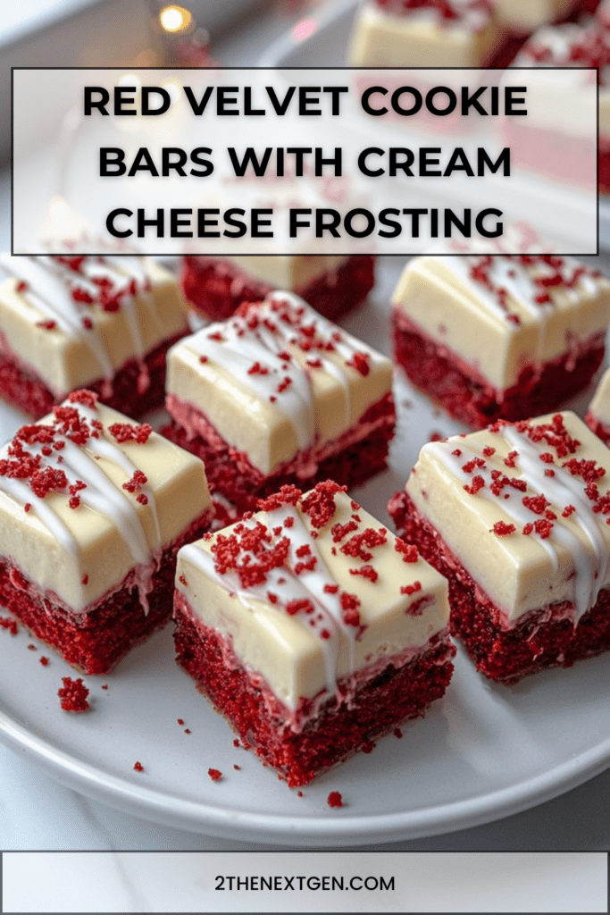 Red velvet cookie bars topped with smooth cream cheese frosting and red sprinkles, sliced into squares and served on parchment paper.